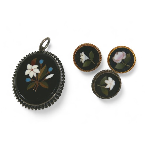 84 - Three petra dura gilt metal buttons and a white metal pendant, pendant 26 by 5 by 40mm, boxed.