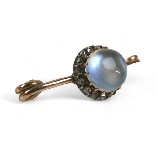 114 - A small group of jewellery, comprising a  gold moonstone and diamond brooch, a 9ct gold safety pin a... 