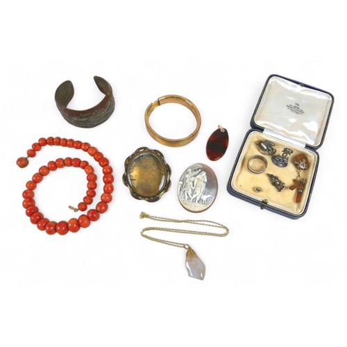 83 - A collection of costume jewellery, including a coral necklace and a cameo, necklace 40cm long, large... 