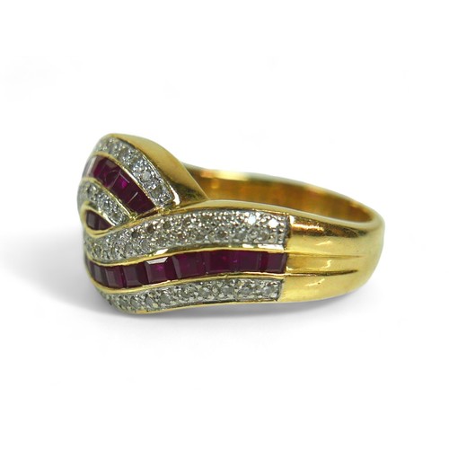 144 - A ruby and diamond ring, on thick 18ct yellow gold band, the unusual crossover wave design with 26 r... 