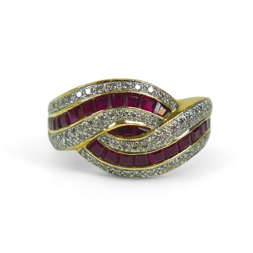 144 - A ruby and diamond ring, on thick 18ct yellow gold band, the unusual crossover wave design with 26 r... 