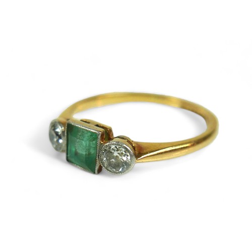 137 - An emerald and diamond Art Deco style ring, on 9ct and platinum band, the emerald-cut central stone ... 