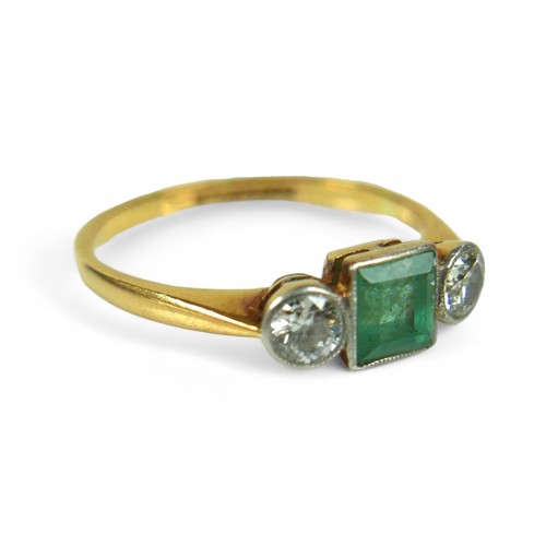 137 - An emerald and diamond Art Deco style ring, on 9ct and platinum band, the emerald-cut central stone ... 