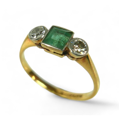 137 - An emerald and diamond Art Deco style ring, on 9ct and platinum band, the emerald-cut central stone ... 