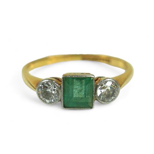 137 - An emerald and diamond Art Deco style ring, on 9ct and platinum band, the emerald-cut central stone ... 