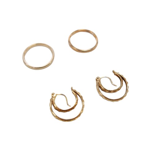 43 - A small group of 9ct gold, comprising two gold bands, both size L, and a pair of gold earrings, 5.7g... 