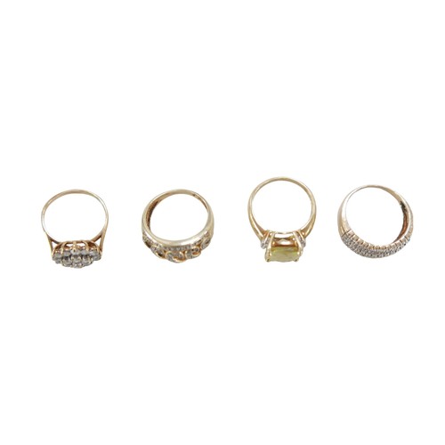 98 - Four 9ct gold dress rings, including a diamond cluster ring, size P, 3.9g, another diamond cluster r... 