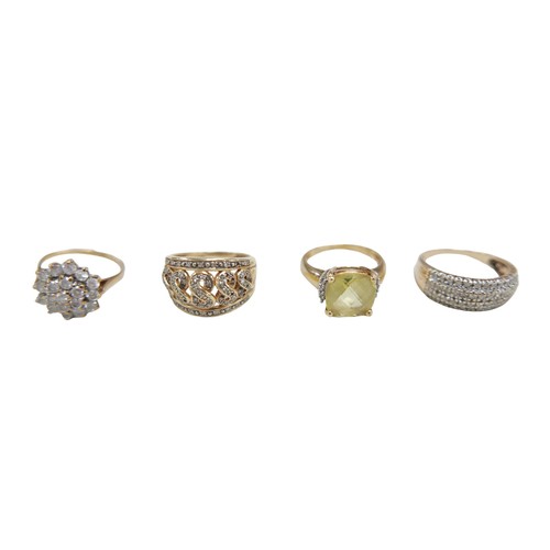 98 - Four 9ct gold dress rings, including a diamond cluster ring, size P, 3.9g, another diamond cluster r... 