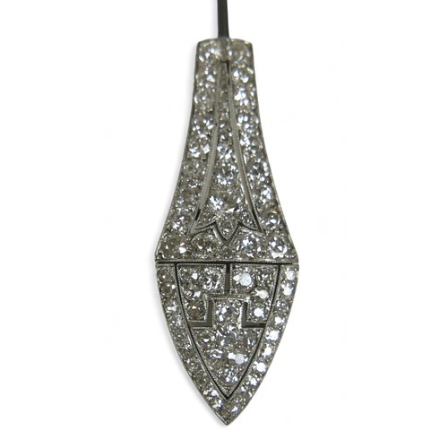 150 - An Art Deco diamond jabot pin, approximately 112 round cut diamonds, largest unmarked white metal mo... 