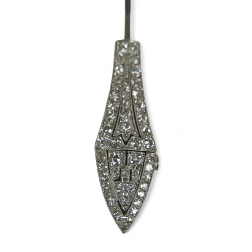 150 - An Art Deco diamond jabot pin, approximately 112 round cut diamonds, largest unmarked white metal mo... 