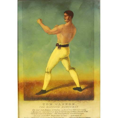 350 - A set of four 19th century pugilist (boxing) lithographs on glass, 'Tom Cannon, The Windsor Bargeman... 