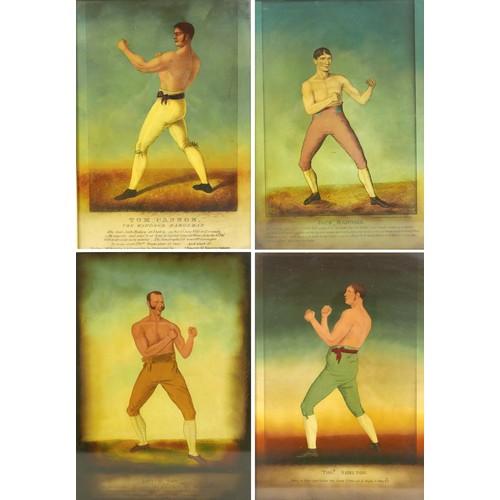 350 - A set of four 19th century pugilist (boxing) lithographs on glass, 'Tom Cannon, The Windsor Bargeman... 