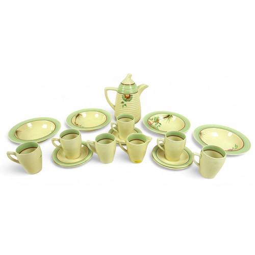 233 - A Clarice Cliff Wilkinson Lynton part coffee set with four bowls in floral Corolla pattern circa 193... 