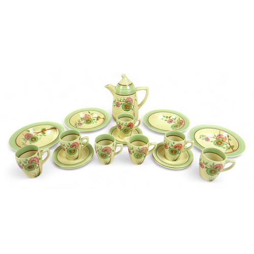 233 - A Clarice Cliff Wilkinson Lynton part coffee set with four bowls in floral Corolla pattern circa 193... 