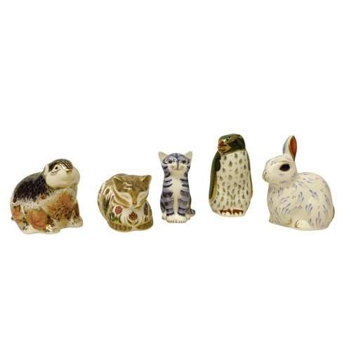 238 - A group of five boxed Royal Crown Derby paperweights, comprising Snowy Rabbit, Rockhopper penguin Ha... 