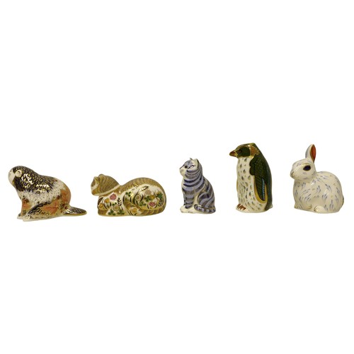 238 - A group of five boxed Royal Crown Derby paperweights, comprising Snowy Rabbit, Rockhopper penguin Ha... 