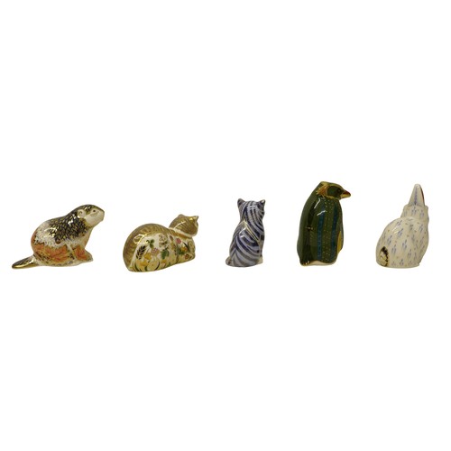 238 - A group of five boxed Royal Crown Derby paperweights, comprising Snowy Rabbit, Rockhopper penguin Ha... 