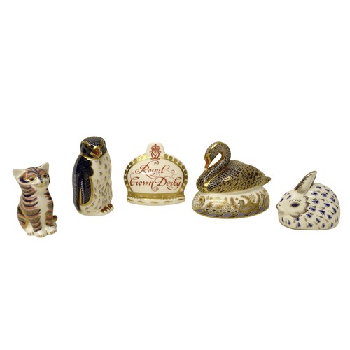 239 - A group of five boxed Royal Crown Derby paperweights, comprising Rockhopper penguin Harrods exclusiv... 