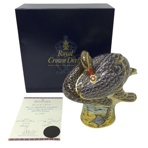 243 - A large Royal Crown Derby gold stopper paperweight of a black swan with box and signed certificate n... 