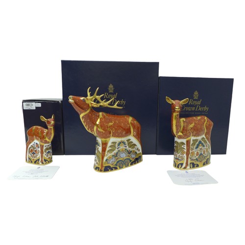 242 - Three limited edition Royal Crown Derby paperweights comprising Red Stag no.391 of 395, Sherwood Hin... 