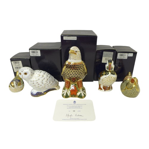 232 - A group of five boxed Royal Crown Derby paperweights, comprising of a exclusive to Harrods Bald Eagl... 