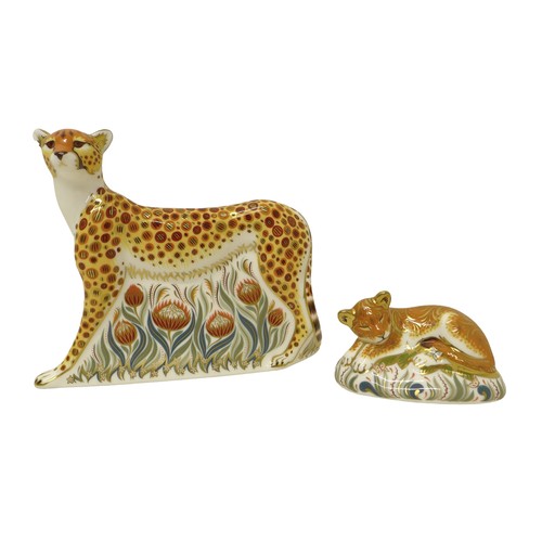 224 - Two boxed Royal Crown Derby paperweights for Govier's of Sidmouth, Cheetah Daddy signature edition, ... 