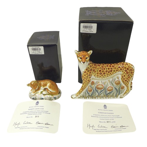 224 - Two boxed Royal Crown Derby paperweights for Govier's of Sidmouth, Cheetah Daddy signature edition, ... 