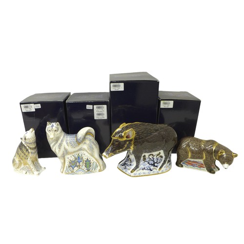 241 - A group of four boxed Royal Crown Derby paperweights, Husky USA pre release  no.164 of 750, Grizzly ... 