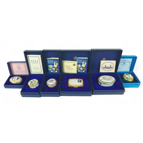 216 - A group of Halcyon Days Enamels commemorative pill boxes, comprising Margaret Thatcher, numbered 87,... 