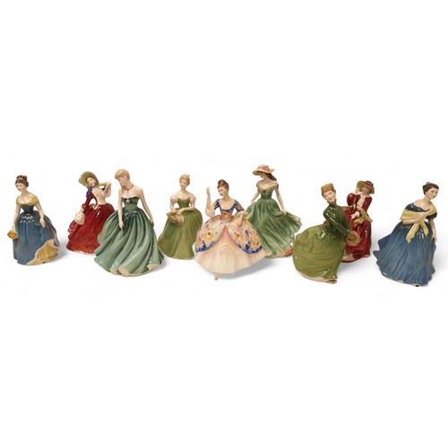 220 - A group of nine Royal Doulton figurines, comprising Best Wishes, HN3971, Grace, HN2318, Autumn Breez... 