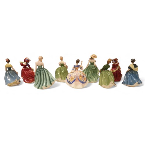 220 - A group of nine Royal Doulton figurines, comprising Best Wishes, HN3971, Grace, HN2318, Autumn Breez... 