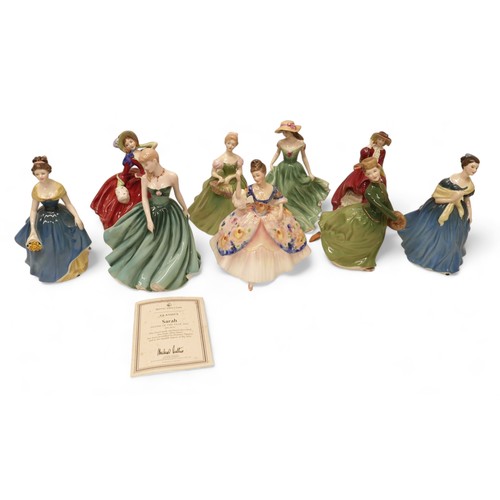 220 - A group of nine Royal Doulton figurines, comprising Best Wishes, HN3971, Grace, HN2318, Autumn Breez... 