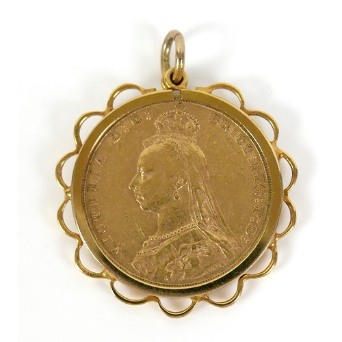 64 - A Victoria Jubilee Head gold sovereign, 1888, Sydney, Australia Mint, in 9ct gold pendant mount, 27m... 