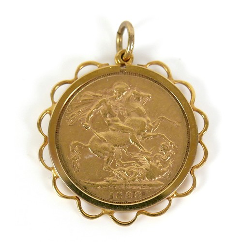 64 - A Victoria Jubilee Head gold sovereign, 1888, Sydney, Australia Mint, in 9ct gold pendant mount, 27m... 