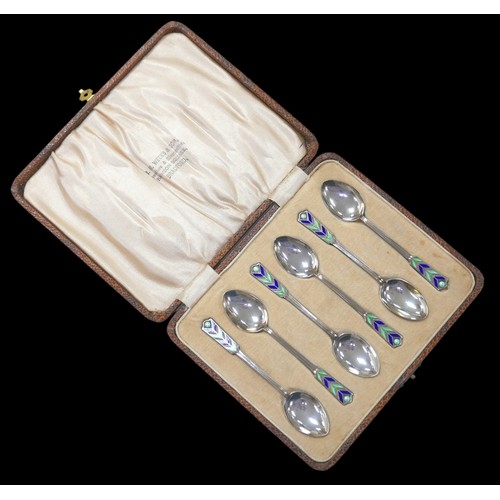 17 - A George V set of six silver and enamel teaspoons, William Hutton & Sons Ltd. Birmingham 1932, 1.7to... 