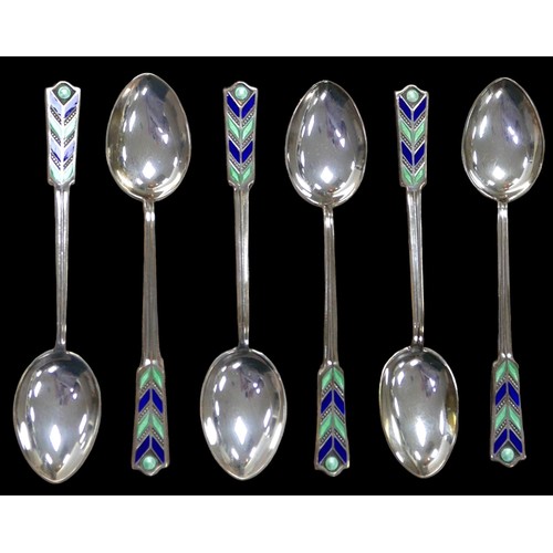 17 - A George V set of six silver and enamel teaspoons, William Hutton & Sons Ltd. Birmingham 1932, 1.7to... 