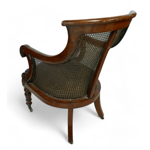 543 - A William IV mahogany bergere library chair on inverted tulip front legs with carved foliate decorat... 