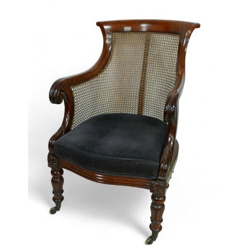 543 - A William IV mahogany bergere library chair on inverted tulip front legs with carved foliate decorat... 