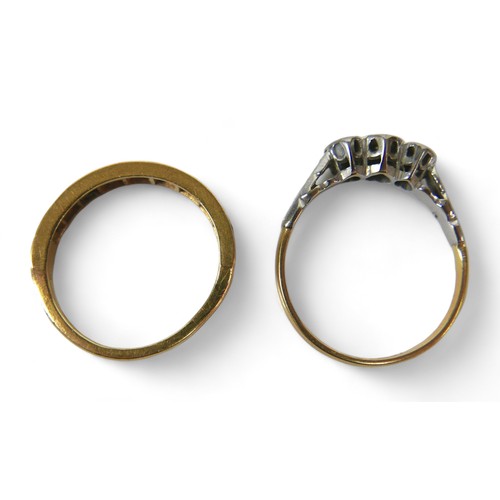 89 - Two 18ct gold dress rings, comprising a three stone illusion set diamond ring, each 
round cut stone... 