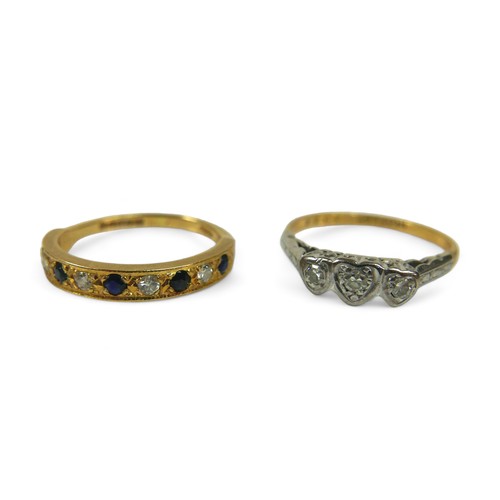 89 - Two 18ct gold dress rings, comprising a three stone illusion set diamond ring, each 
round cut stone... 