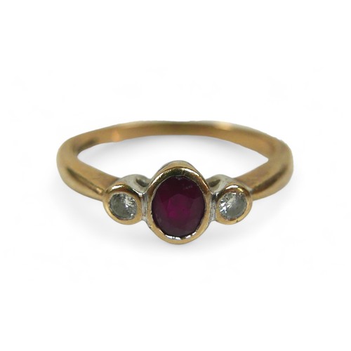 90 - Two pieces of 9ct gold jewellery, comprising a ruby and diamond ring, the central oval cut ruby, 3 b... 