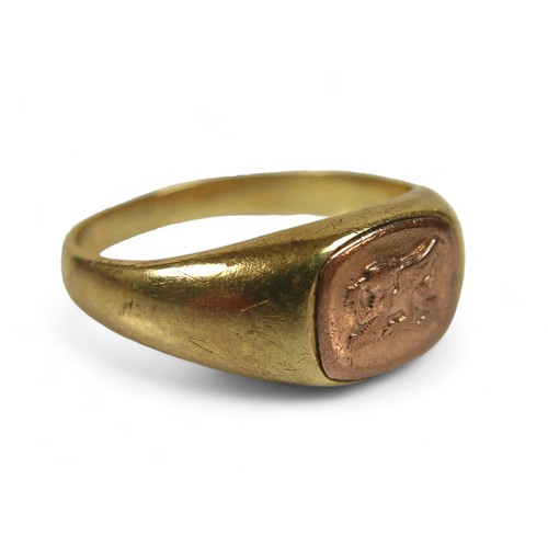 102 - Two 9ct gold signet rings, one with a dragon insignia, 4.8g, and another shield form signet ring, a/... 