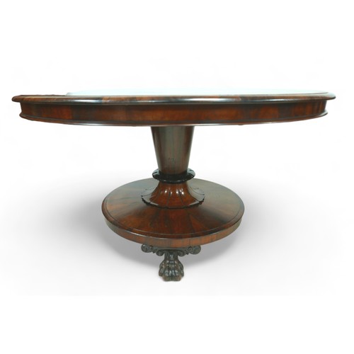 542 - A William IV rosewood breakfast table, circular tilt top on an turned column with lappet carving, ra... 