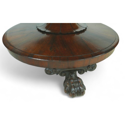 542 - A William IV rosewood breakfast table, circular tilt top on an turned column with lappet carving, ra... 