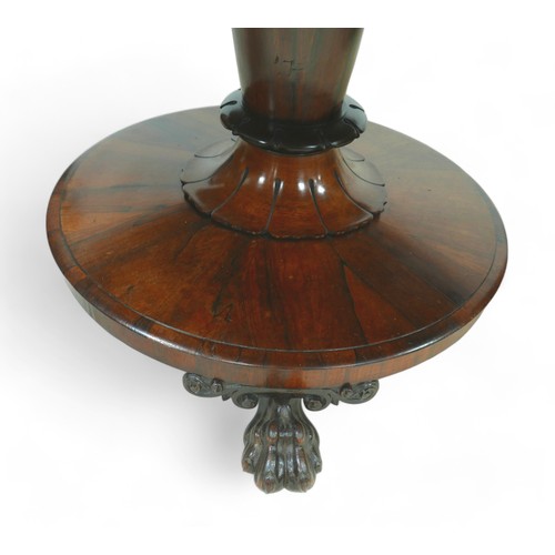 542 - A William IV rosewood breakfast table, circular tilt top on an turned column with lappet carving, ra... 