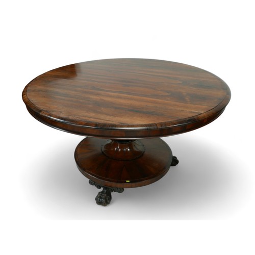 542 - A William IV rosewood breakfast table, circular tilt top on an turned column with lappet carving, ra... 