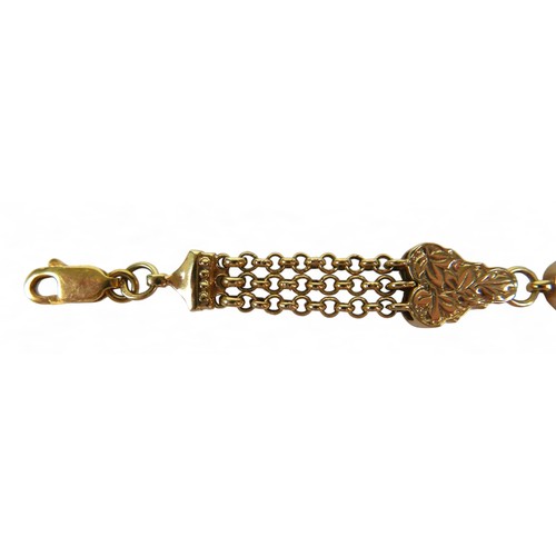 125 - A 9ct yellow gold fancy watch chain link bracelet set with a single garnet, 20.5 by 3cm, 20.2gs.