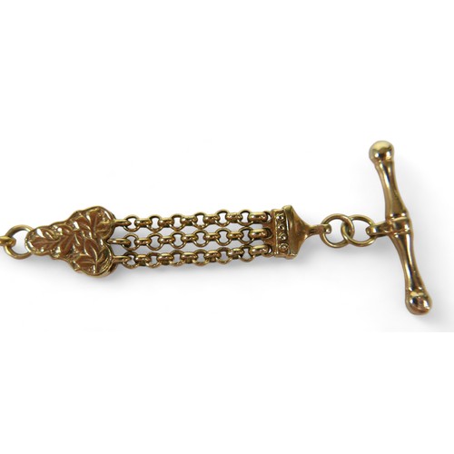 125 - A 9ct yellow gold fancy watch chain link bracelet set with a single garnet, 20.5 by 3cm, 20.2gs.