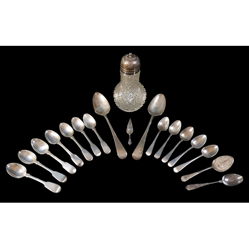 8 - A small group of silver flatware, including a pair of George III table spoons, William and Ann Batem... 