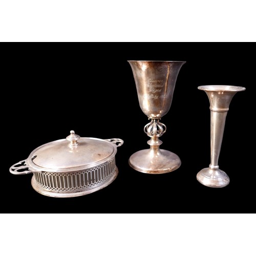 22 - A group of three silver items, including a silver goblet, engraved with 'Oliver Pascal Dyas, 3rd Jul... 